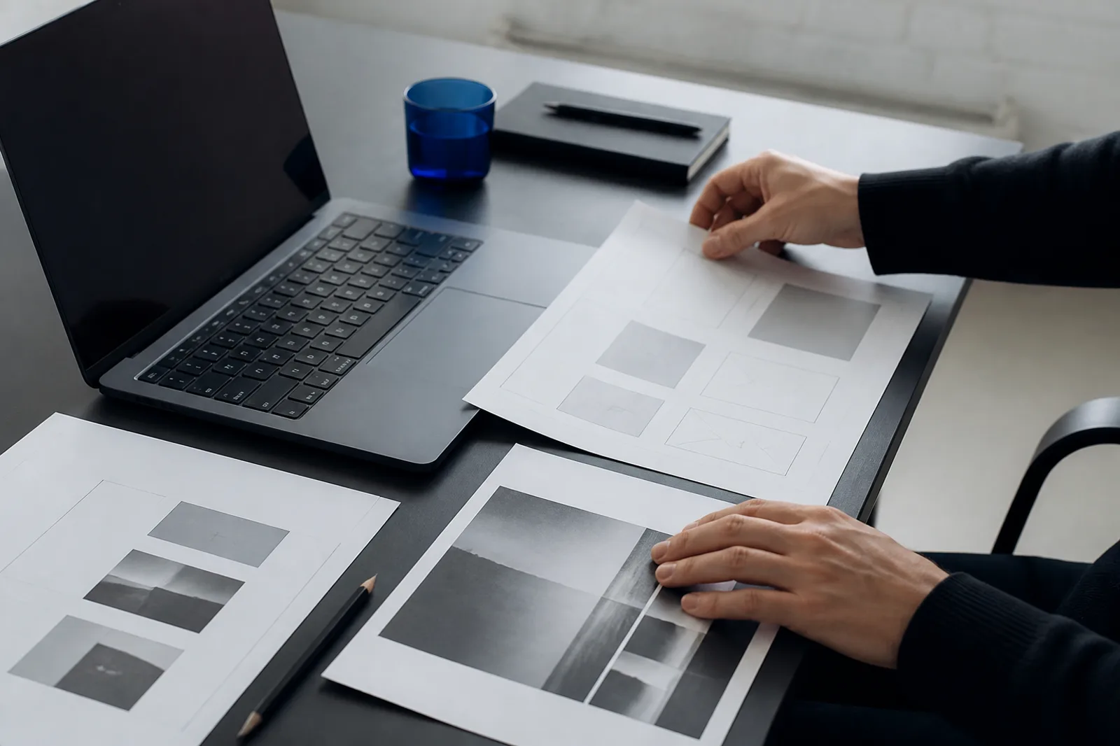 Mesa de trabalho com wireframes durante o planeamento de uma página